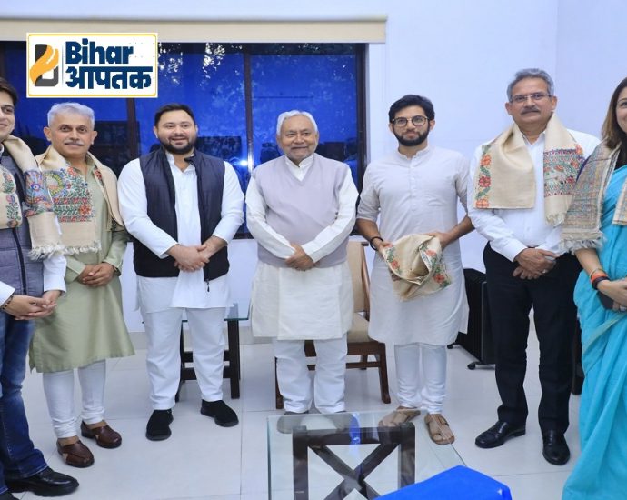 Aditya Thackeray with Nitish Kumar and Tejashwi Yadav in Patna-Bihar Aaptak